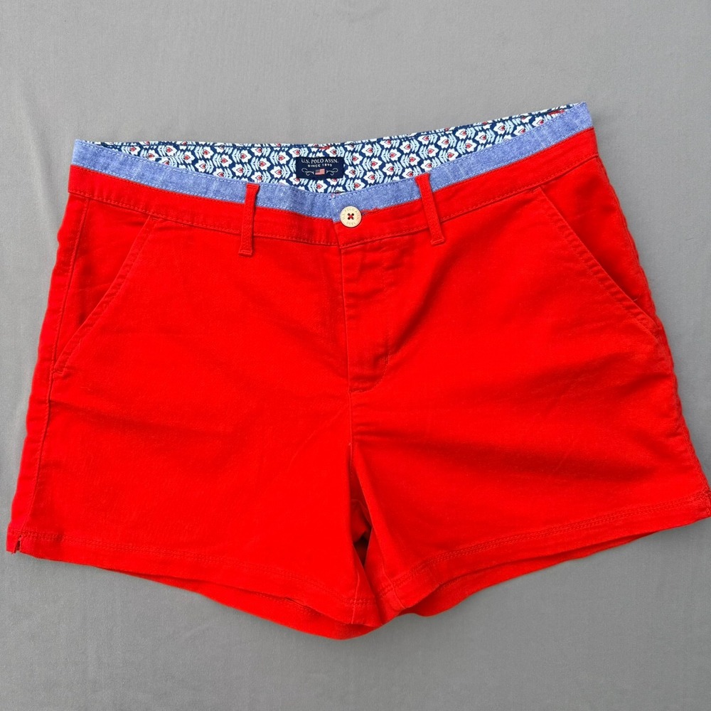 U.S. Polo Assn.‎ Womens Red Chino Shorts Floral Trim Size 10/12 Casual 36W